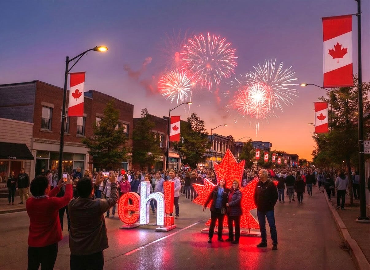 Canada Day street celebration with fireworks, Canadian flag banners, and illuminated maple leaf displays in a downtown community.